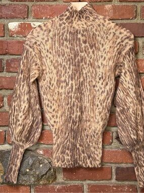 Zimmermann Brown Leopard Print Mohair Knit Sweater Puff Sleeve Turtleneck Size 0